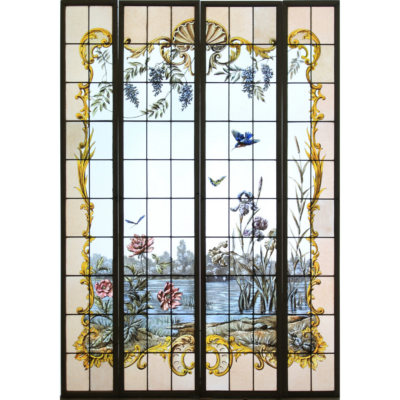 Fleurs,  oiseau, papillon au bord de l'eau