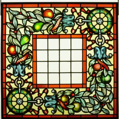 Vitrail plafonnier carré, aux feuilles et aux fruits